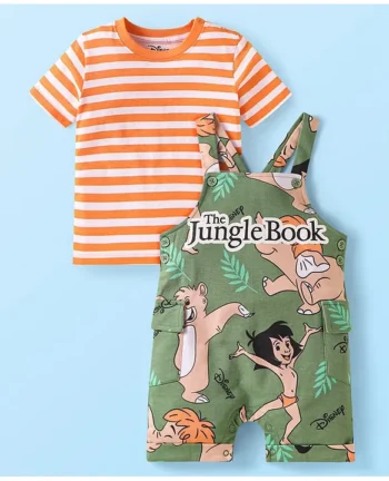 Babyhug Disney Single Jersey Knit Dungaree & Half Sleeves Striped T-Shirt With Jungle Book Graphics - Olive Green & Orange
