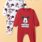 Babyoye Disney Interlock Knit Full Sleeves Rompers with Mickey & Friends Graphics Pack of 2 - Red & White
