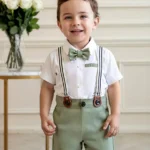 Mark & Mia Cotton Knit Half Sleeves Solid Color Party Romper With Bow & Suspenders - White & Green