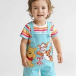 Babyhug Disney Single Jersey Knit Dungaree & Half Sleeves Striped T-Shirt with Winnie & Friends Graphic - Light Blue