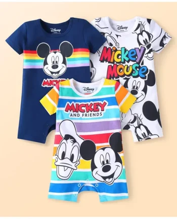 Babyhug Disney Interlock Knit Half Sleeves Rompers with Mickey Mouse & Friends Graphics Pack of 3 - Navy Blue & White