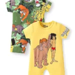 Babyhug Disney Interlock Knit Half Sleeve Romper With Mowgli & Friends Graphic Pack Of 2 - Yellow & Green