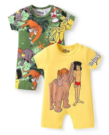 Babyhug Disney Interlock Knit Half Sleeve Romper With Mowgli & Friends Graphic Pack Of 2 - Yellow & Green
