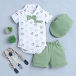 BUMZEE Cotton Knit Half Sleeves Palm Tree Printed Onesie & Short Set with Suspender Bow & Hat - White & Green