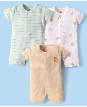 I Bears Interlock Knit Half Sleeves Interlock Rompers with Stripes & Animal Print Pack Of 3 - Light Green