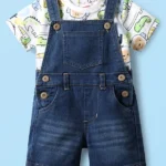 Babyhug Single Jersey Knit Dungaree & Half Sleeves T-Shirt With Dino Print - Blue