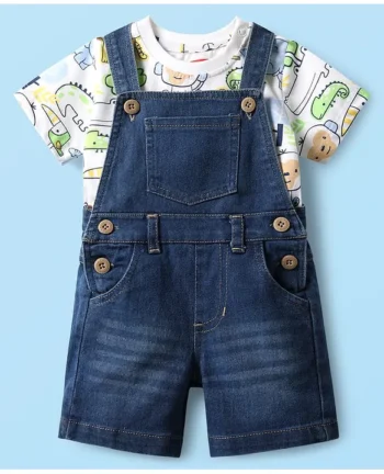 Babyhug Single Jersey Knit Dungaree & Half Sleeves T-Shirt With Dino Print - Blue
