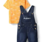 Babyhug Single Jersey Knit Half Sleeves T-Shirt & Dungaree With Tropical Theme Print - Yellow & Navy Blue