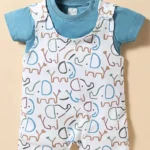 First Smile Sinker Knit Half Sleeves Dungaree Style Romper with Elephant Print - Light Blue